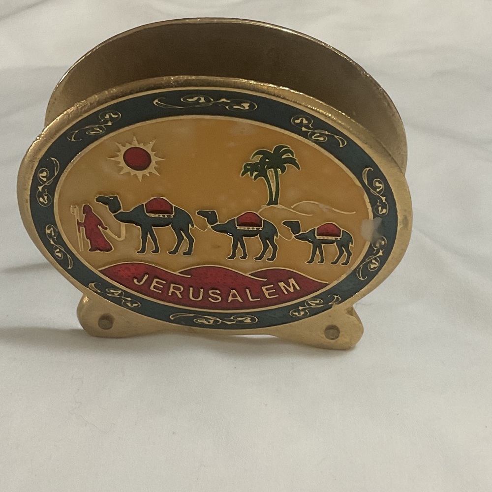 Vintage brass and enamel napkin or letter holder.